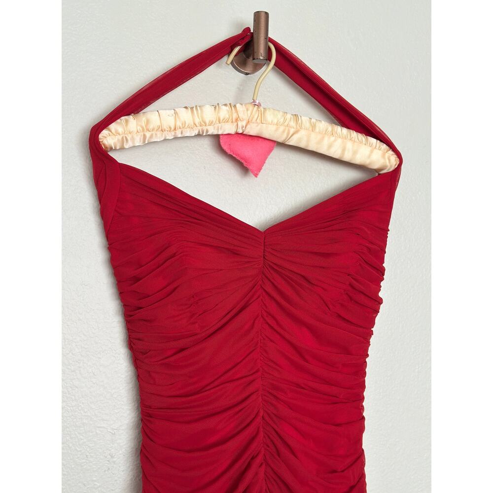 Gorgeous Vintage Tadashi Shoji M Red Ruched Halter Midi Cocktail Bodycon Dress - Picture 6 of 7